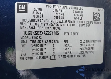 2010 Chevrolet Silverado 1500 Lt из США, поврежденный, VIN 1GCSKSE3XAZ271405